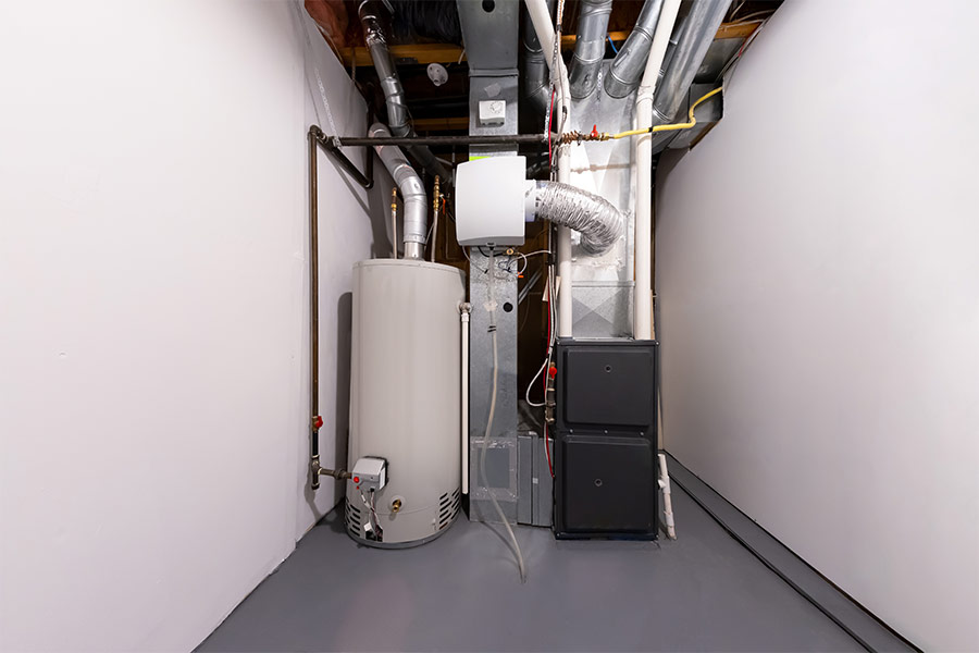 Basement HVAC system with a water heater and ventilation ducts