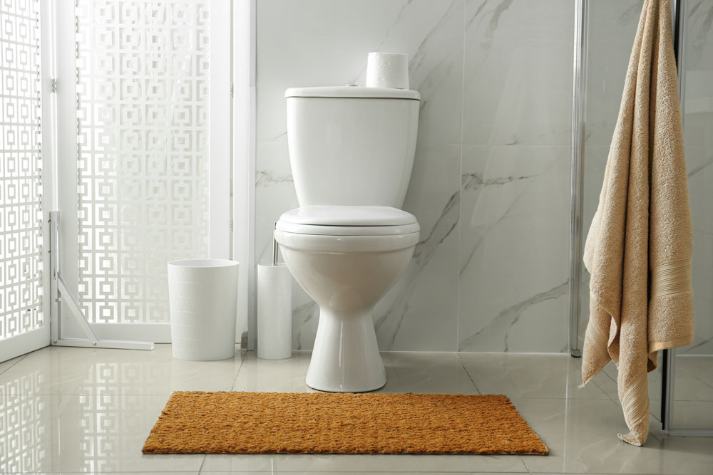 Modern bathroom with a white toilet, beige towel, and floor mat